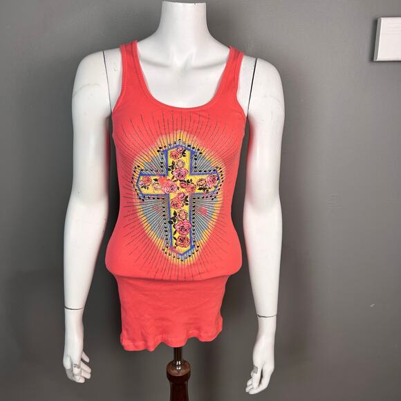 Y2K long ribbed tank top Mexican folk art Cross anthropology large VTG Skater - Picture 2 of 7